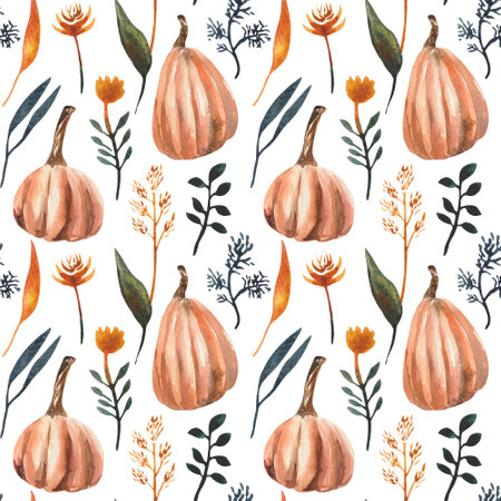 Hand drawn watercolor seamles pattern with autumn leaves, dried flowers, pumpkins. For design on the theme of Halloween, Thanksgiving, autumn farm fairsの写真素材