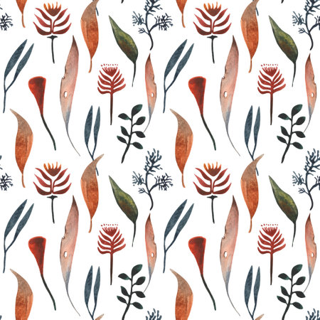 Hand drawn watercolor seamles pattern with autumn leaves, dried flowers. For design on the theme of Halloween, Thanksgiving, autumn farm fairsの写真素材
