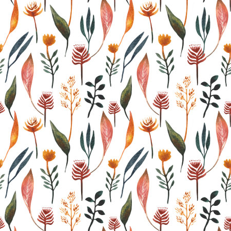 Hand drawn watercolor seamles pattern with autumn leaves, dried flowers. For design on the theme of Halloween, Thanksgiving, autumn farm fairsの写真素材