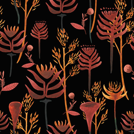 Hand drawn watercolor seamles pattern with autumn leaves, dried flowers. For design on the theme of Halloween, Thanksgiving, autumn farm fairsの写真素材