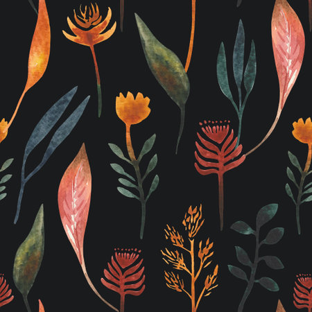 Hand drawn watercolor seamles pattern with autumn leaves, dried flowers. For design on the theme of Halloween, Thanksgiving, autumn farm fairsの写真素材