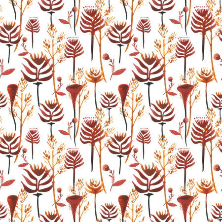 Hand drawn watercolor seamles pattern with autumn leaves, dried flowers. For design on the theme of Halloween, Thanksgiving, autumn farm fairsの写真素材