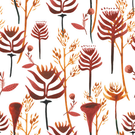 Hand drawn watercolor seamles pattern with autumn leaves, dried flowers. For design on the theme of Halloween, Thanksgiving, autumn farm fairsの写真素材