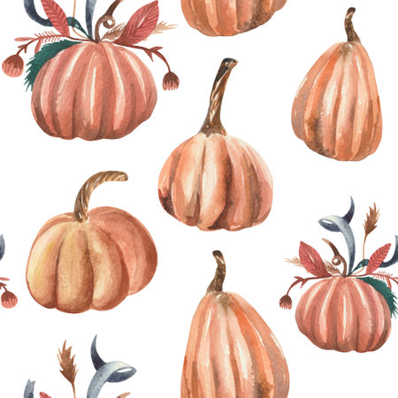 Watercolor seamless pattern with autumn pumpkins. For design on the theme of Halloween, Thanksgiving, autumn farm fairsの写真素材