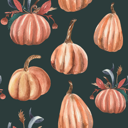 Watercolor seamless pattern with autumn pumpkins. For design on the theme of Halloween, Thanksgiving, autumn farm fairsの写真素材