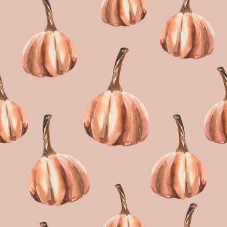 Watercolor seamless pattern with autumn pumpkins. For design on the theme of Halloween, Thanksgiving, autumn farm fairsの写真素材