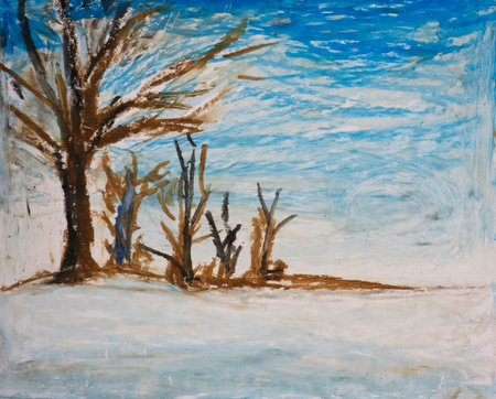 winter landscape. Abstract picture of winter trees in a snowy field. Stylized composition on the theme of the new year and Christmas. Oil pastel hand drawn in the Carpathian mountainsの写真素材