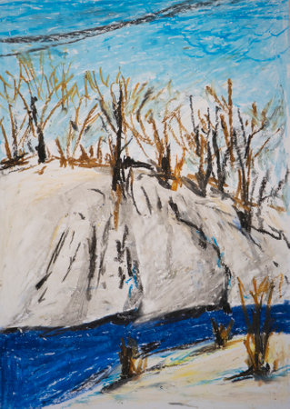 Winter landscape in vertical format. Snow-covered slope trees without foliage and mountain river. Stylized composition on the theme of the new year and Christmas. oil pastel hand drawnの写真素材