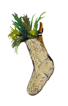 Decor for Christmas and New Year. Sock with branches of coniferous trees. Hand drawn with oil pastelsの写真素材