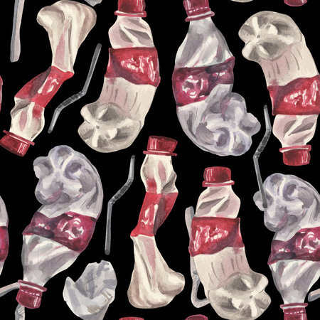 Watercolor seamless pattern of crumpled plastic bottles from sweet soda. On the topic of environmental pollution.の写真素材
