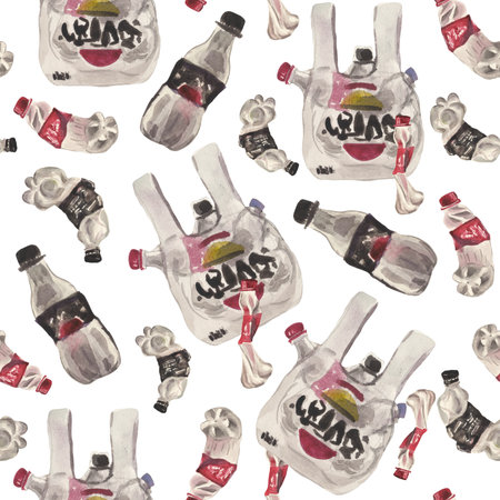 Watercolor seamless pattern on the theme of environmental pollution by plastic waste. The composition contains a plastic bag filled with bottles and twisted plastic bottles for sweの写真素材