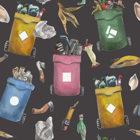 Watercolor seamless pattern on the theme of environmental pollution by plastic waste. Plastic container for garbage, waste and scraps.の写真素材