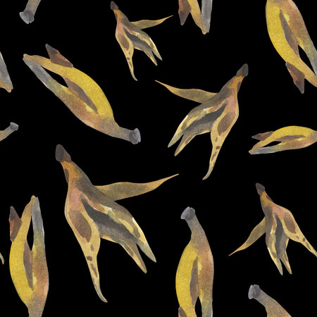 Watercolor seamless pattern on the theme of environmental pollution. Composition entirely consisting of banana peels. On a black backgrounの写真素材