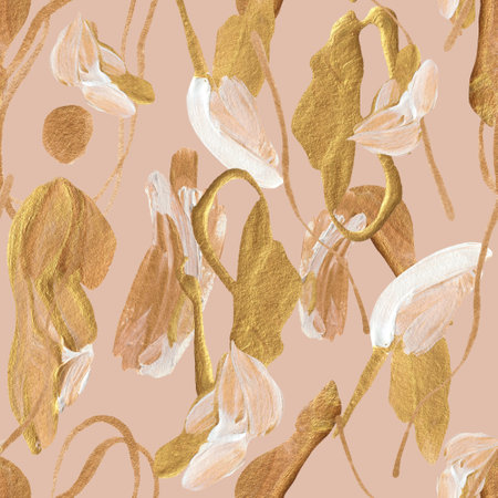 Abstract floral pattern made with gold and beige textured paint on a pink background. Stylized leaves and the trunk of a climbing plant, flower petals, all this is combined into an incredible composition. For romantic designs like Valentine's Day, wedding, engagement, declaration of loveの写真素材