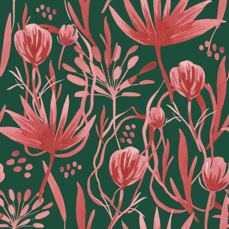Abstract floral pattern made in red paint with texture on a green background. Stylized leaves, flowers and dried flowers, all this is combined into an incredible composition. For romantic designs like Valentine's Day, wedding, engagement, declaration of loveの写真素材