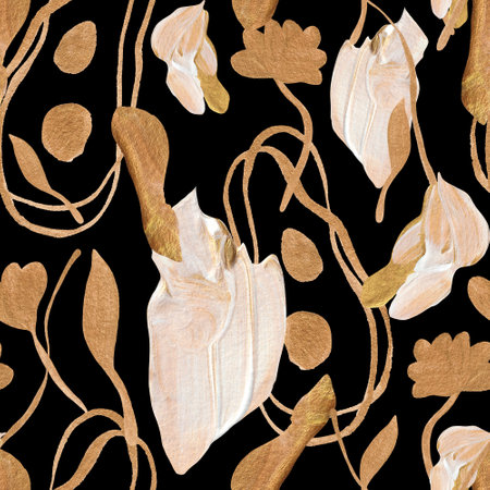 Abstract floral pattern made with gold and beige textured paint on a black background. Stylized leaves and the trunk of a climbing plant, flower petals, all this is combined into an incredible composition. For romantic designs like Valentine's Day, wedding, engagement, declaration of loveの写真素材
