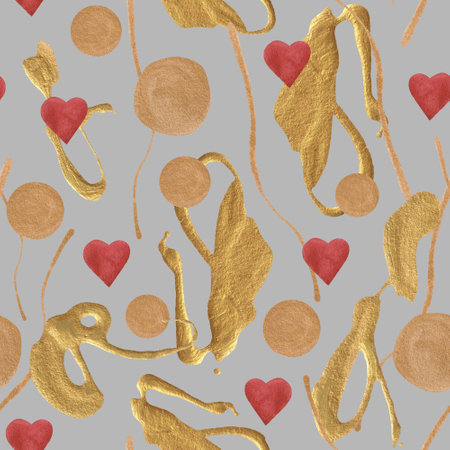 Red hearts in gold abstraction seamless patternの写真素材