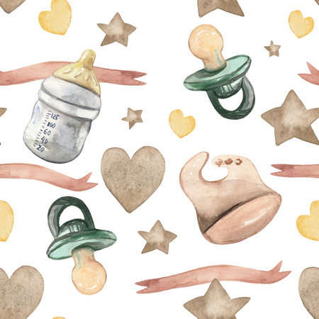 Watercolor pattern featuring baby essentials like bottles, pacifiers, beige hearts, stars, and ribbons on a white background. This charming and delicate design is ideal for baby products, nursery decor, or any project that needs a sweet and gentle touch.の写真素材