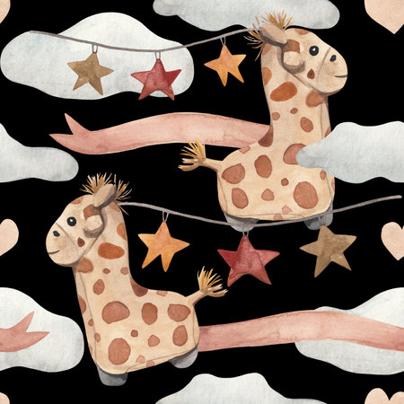 This playful watercolor pattern features adorable giraffe ride-on toys surrounded by hanging stars and soft clouds. Perfect for children's products, baby showers, or nursery decorations, this design adds a whimsical and charming touch to any projectの写真素材
