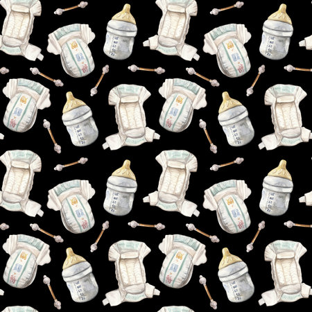 A seamless watercolor pattern featuring essential baby items: disposable diapers, baby bottles, and cotton swabs on a dark background. This charming and practical design is perfect for baby products, nursery decor, and childrenâs illustrationsの写真素材