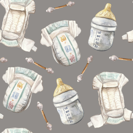A seamless watercolor pattern featuring essential baby items: disposable diapers, baby bottles, and cotton swabs on a gray background. This charming and practical design is perfect for baby products, nursery decor, and childrenâs illustrationsの写真素材