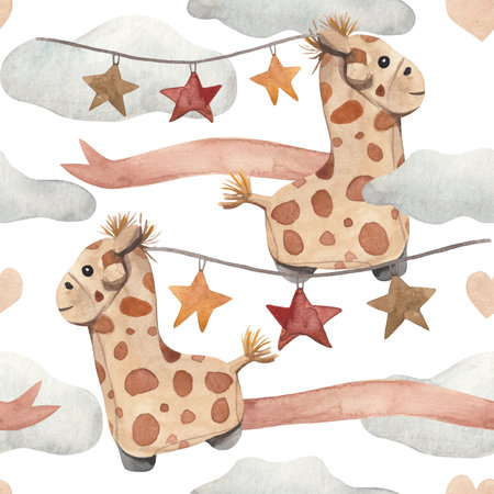 This playful watercolor pattern features adorable giraffe ride-on toys surrounded by hanging stars and soft clouds. Perfect for children's products, baby showers, or nursery decorations, this design adds a whimsical and charming touch to any projectの写真素材
