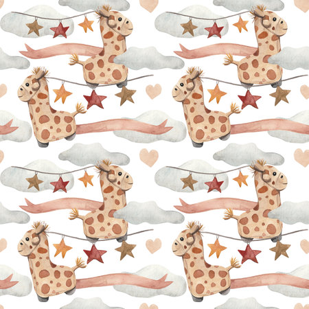 This playful watercolor pattern features adorable giraffe ride-on toys surrounded by hanging stars and soft clouds. Perfect for children's products, baby showers, or nursery decorations, this design adds a whimsical and charming touch to any projectの写真素材