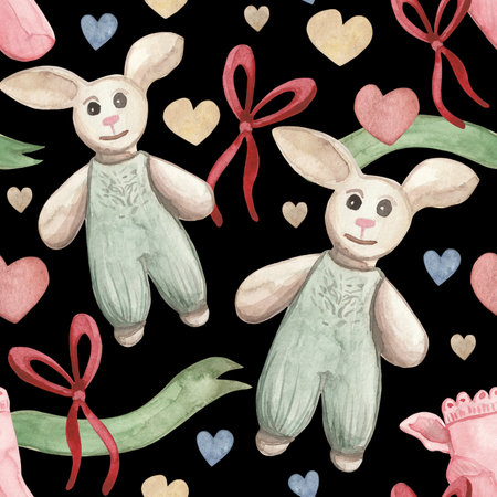 A seamless watercolor pattern featuring adorable bunny plush toys in mint green overalls, surrounded by hearts, bows, and decorative ribbons. This playful and cute design is ideal for children's productsの写真素材