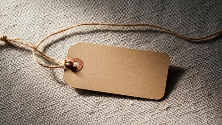 Blank paper price tag or label with string on burlap backgroundの素材