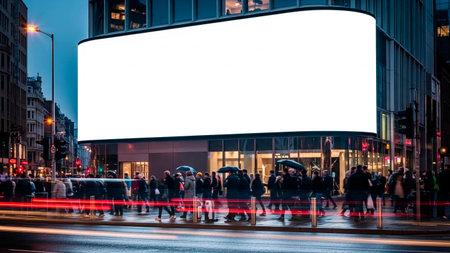 Blank billboard on city street at night with people and cars.の素材