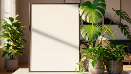 Mock up poster frame in modern living room with plants. 3d renderの素材