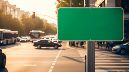 Blank green signboard on the street with traffic on the backgroundの素材
