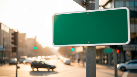 Blank green sign on a street with traffic in the background.の素材