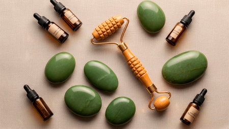 Massage jade roller and green stones on a beige backgroundの素材