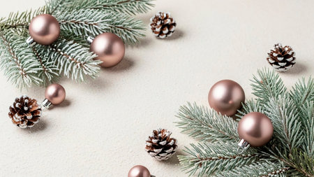 Christmas greeting card. Festive decoration. New Year concept. Copy space.  Flat lay. Top view.の素材