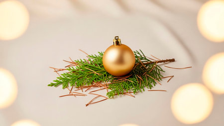 Christmas and New Year background with golden christmas ball and fir branchの素材