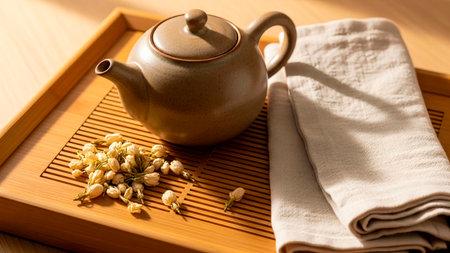 teapot and tea cup on a wooden tray with a white towelの素材