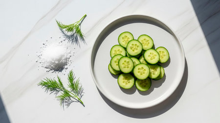 Cucumber slices on a white plate with dill and salt, top viewの素材