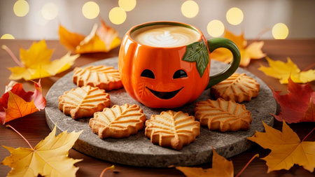 Cup of coffee with cookies and autumn leaves on wooden background.の素材