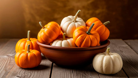 Pumpkins in a clay bowl on a rustic wooden tableの素材