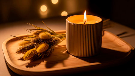 Burning candle in a wooden tray with ears of wheat on a dark backgroundの素材