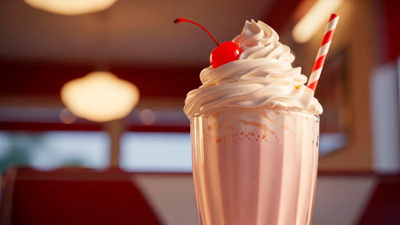 Delicious milkshake with whipped cream and cherry on the topの素材