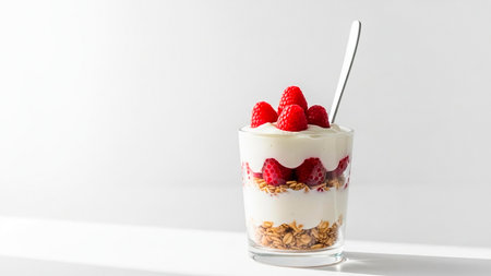 Greek yogurt with fresh raspberries and granola in glass on white backgroundの素材