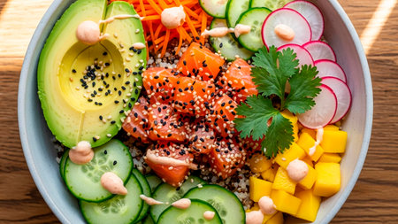 Hawaiian poke bowl with salmon, avocado, cucumber, mango, radish and sesame seedsの素材