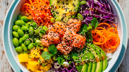 Healthy poke bowl with salmon, avocado, vegetables and sesame seedsの素材