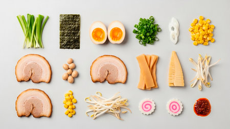 Ingredients for chinese lunar new year food on gray background. Top viewの素材