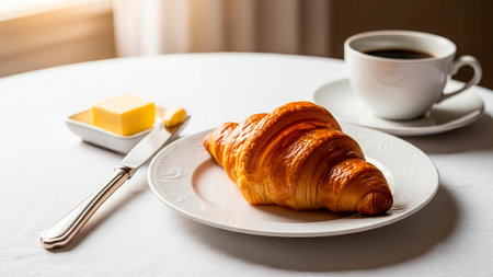 Breakfast with coffee and croissants in a basket on tableの素材