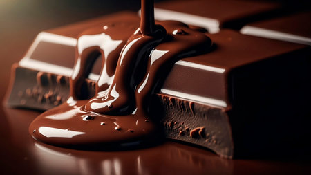 close up of chocolate syrup pouring on a chocolate bar. selective focusの素材