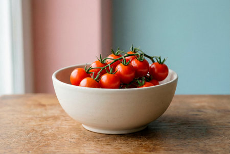 Cherry tomatoes in a bowl on a wooden table, selective focusの素材