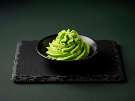 Wasabi in a black bowl on a black slate plate on a green backgroundの素材